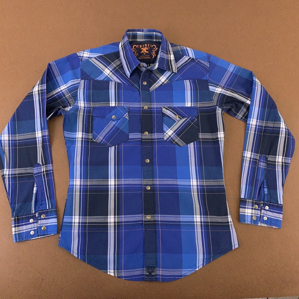 Twenty X Men's Medium Blue Plaid Long Sleeve Pearl Snap Pocketed Western Shirt